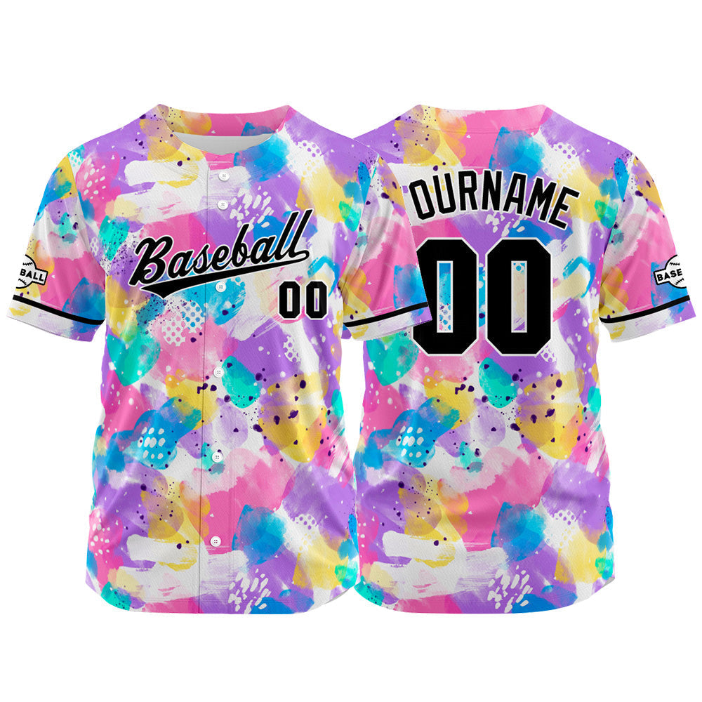 Camiseta de béisbol con dise?o personalizado estampado completo en rosa y morado