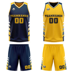 Traje de baloncesto reversible personalizado azul marino-amarillo y blanco para adultos y niños