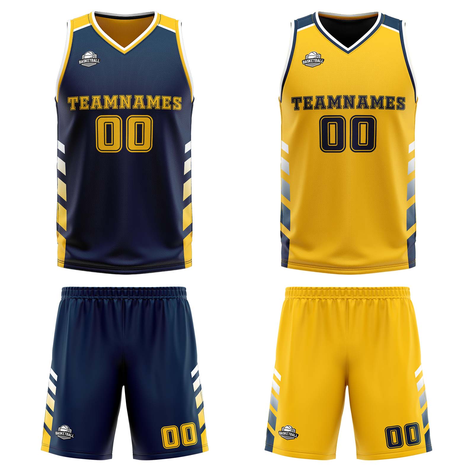 Traje de baloncesto reversible personalizado azul marino-amarillo y blanco para adultos y niños