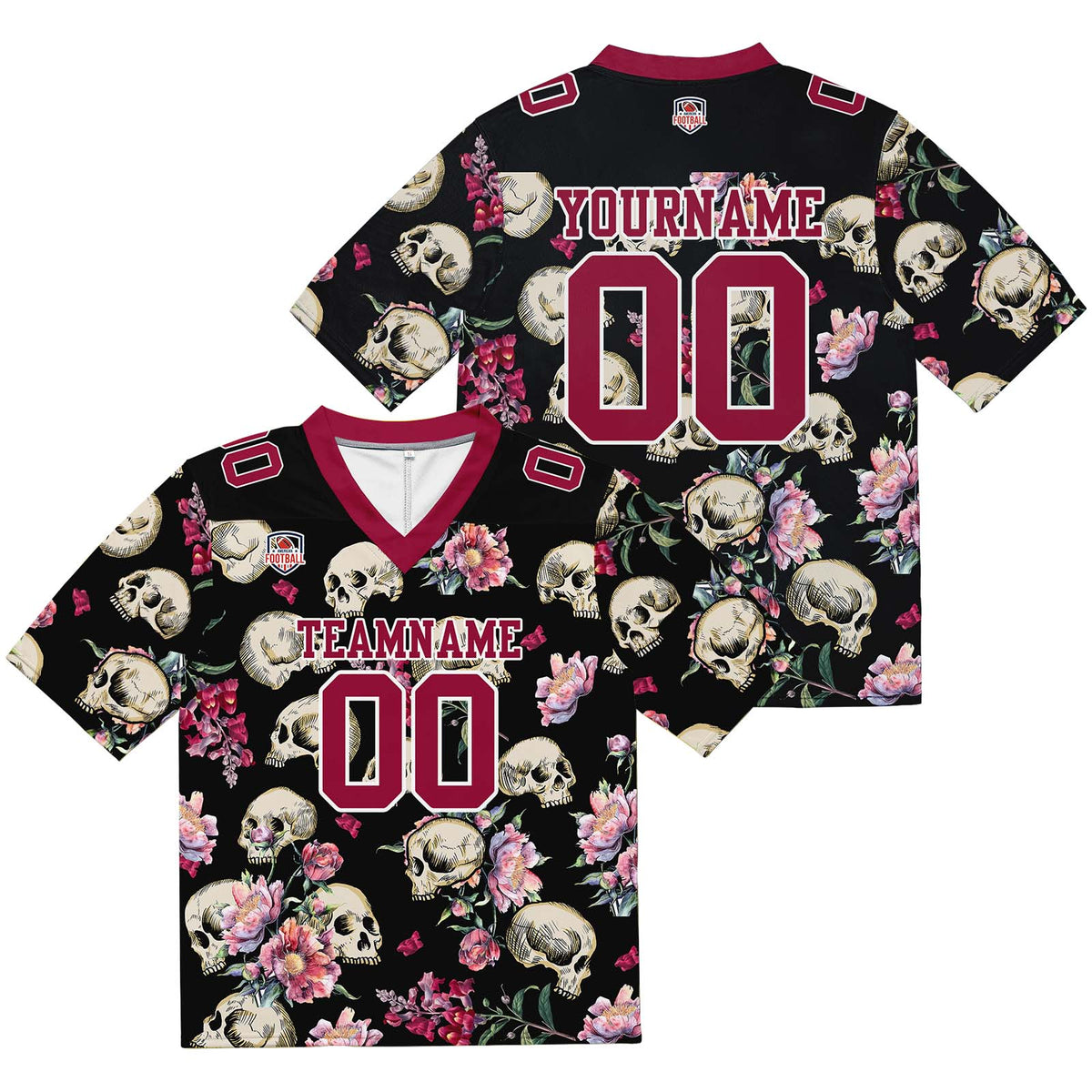 Camiseta de fútbol personalizada con nombre y número del equipo bordados y estampados en forma de calavera magenta