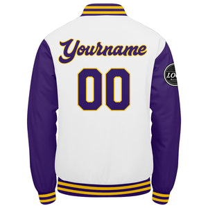 Chaqueta universitaria personalizada estilo Letterman para hombres-mujeres y jóvenes-color morado-blanco y amarillo