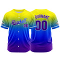 Dise?o personalizado de camiseta de béisbol con estampado completo en morado azul y amarillo