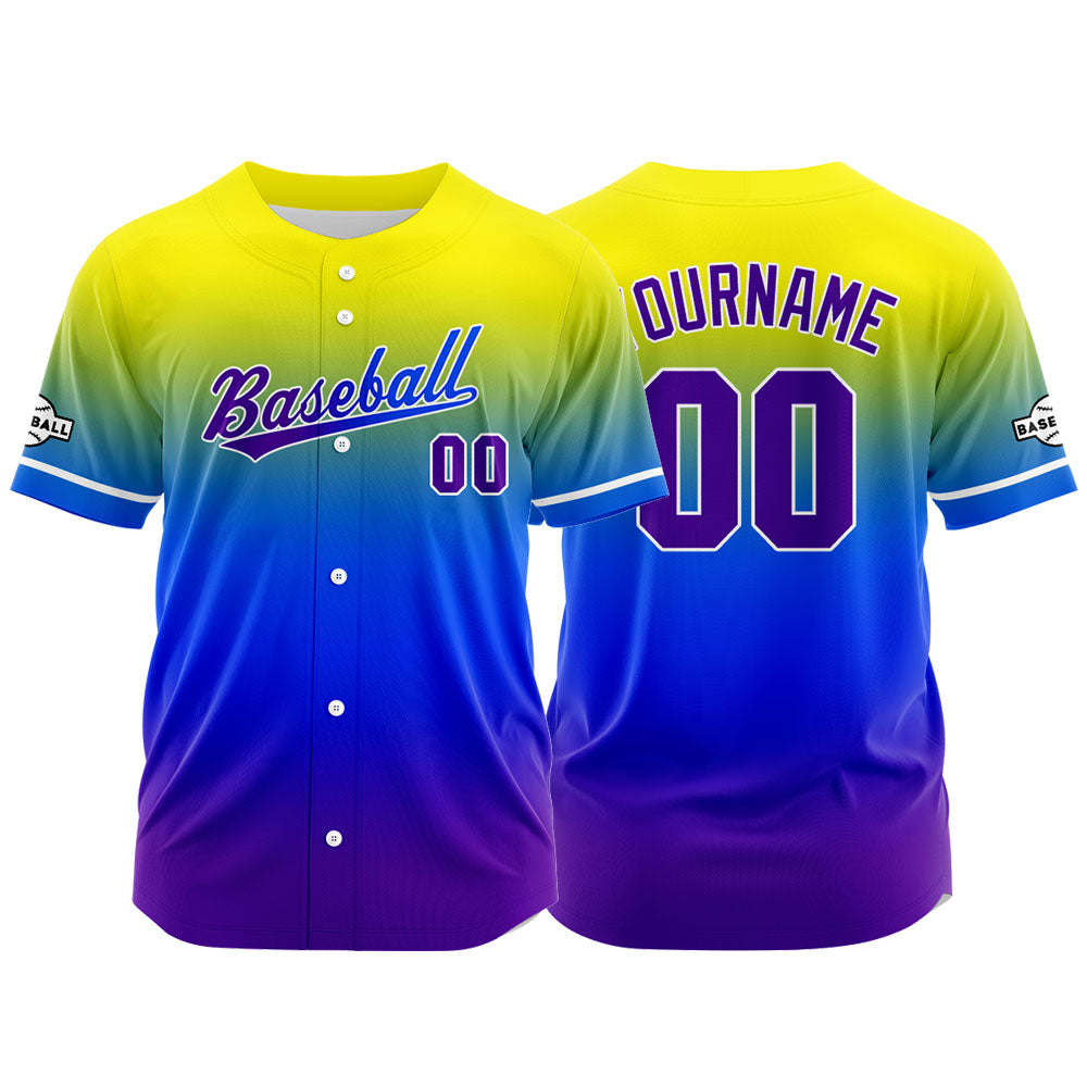 Dise?o personalizado de camiseta de béisbol con estampado completo en morado azul y amarillo