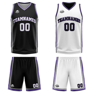 Traje de baloncesto reversible personalizado en negro-blanco y morado para adultos y niños