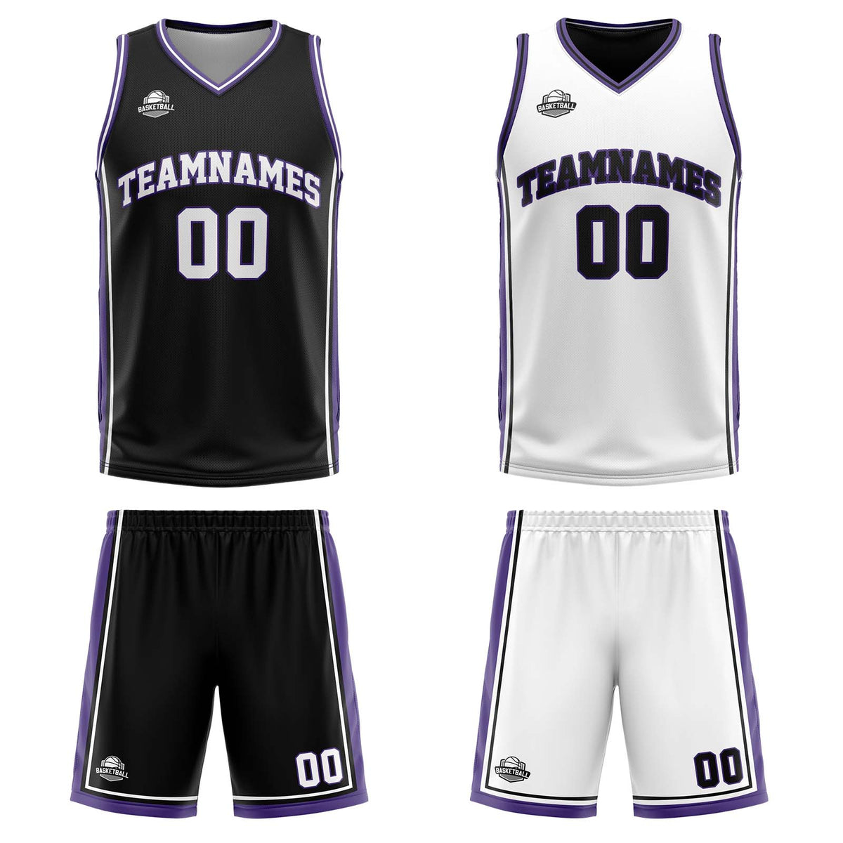 Traje de baloncesto reversible personalizado en negro-blanco y morado para adultos y niños