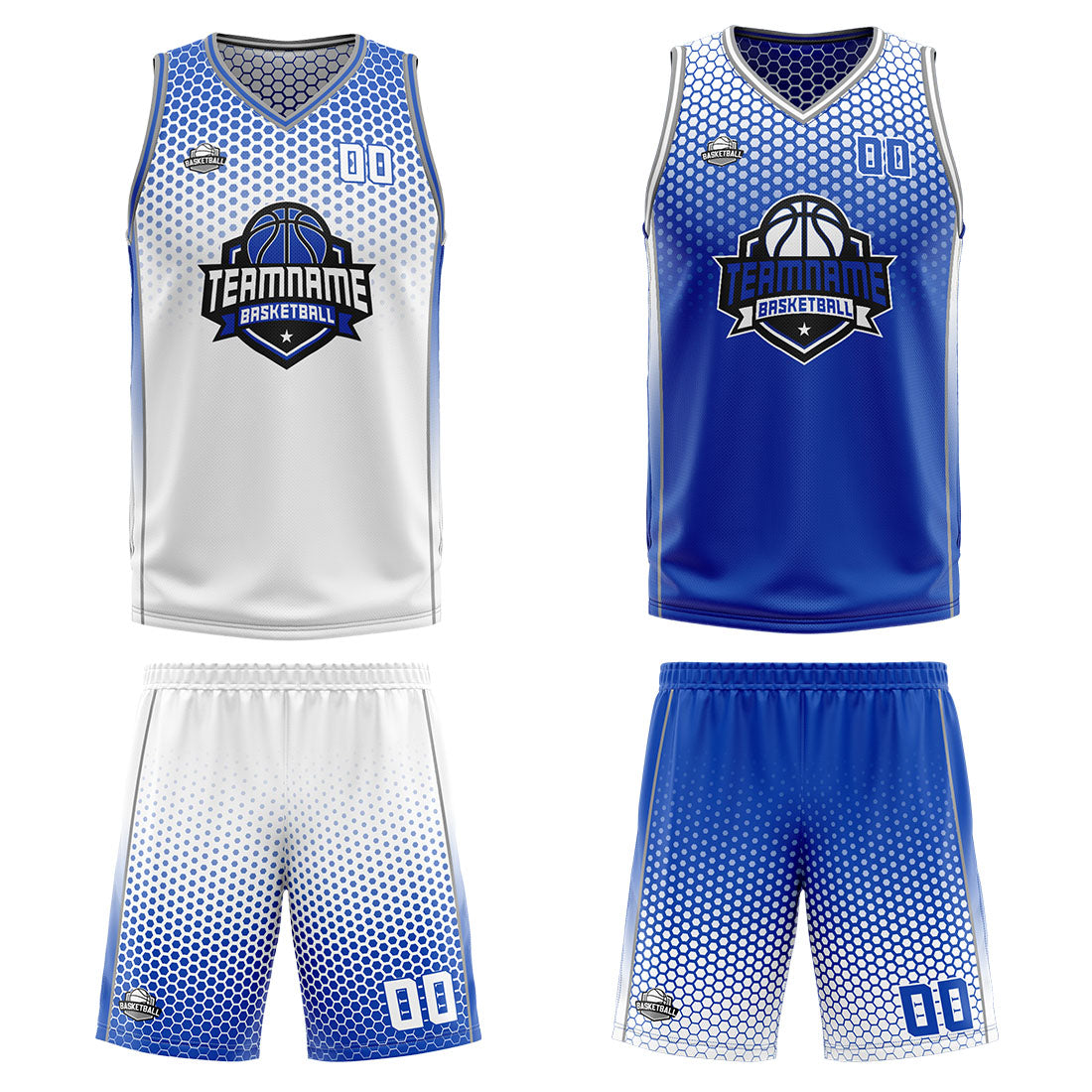Traje de baloncesto reversible blanco y azul personalizado para adultos y niños