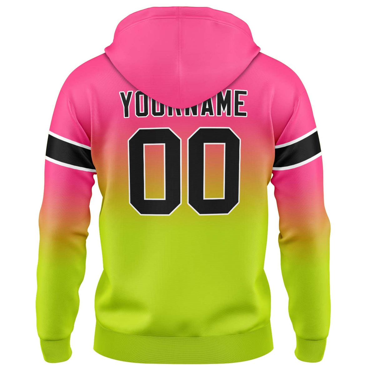 Sudadera con capucha degradada personalizada para hombre-mujer-niña o niño Estampa tu logotipo-nombre y número en rosa y verde chartreuse