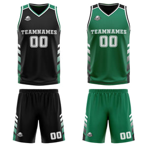 Traje de baloncesto reversible negro-verde y blanco personalizado para adultos y niños