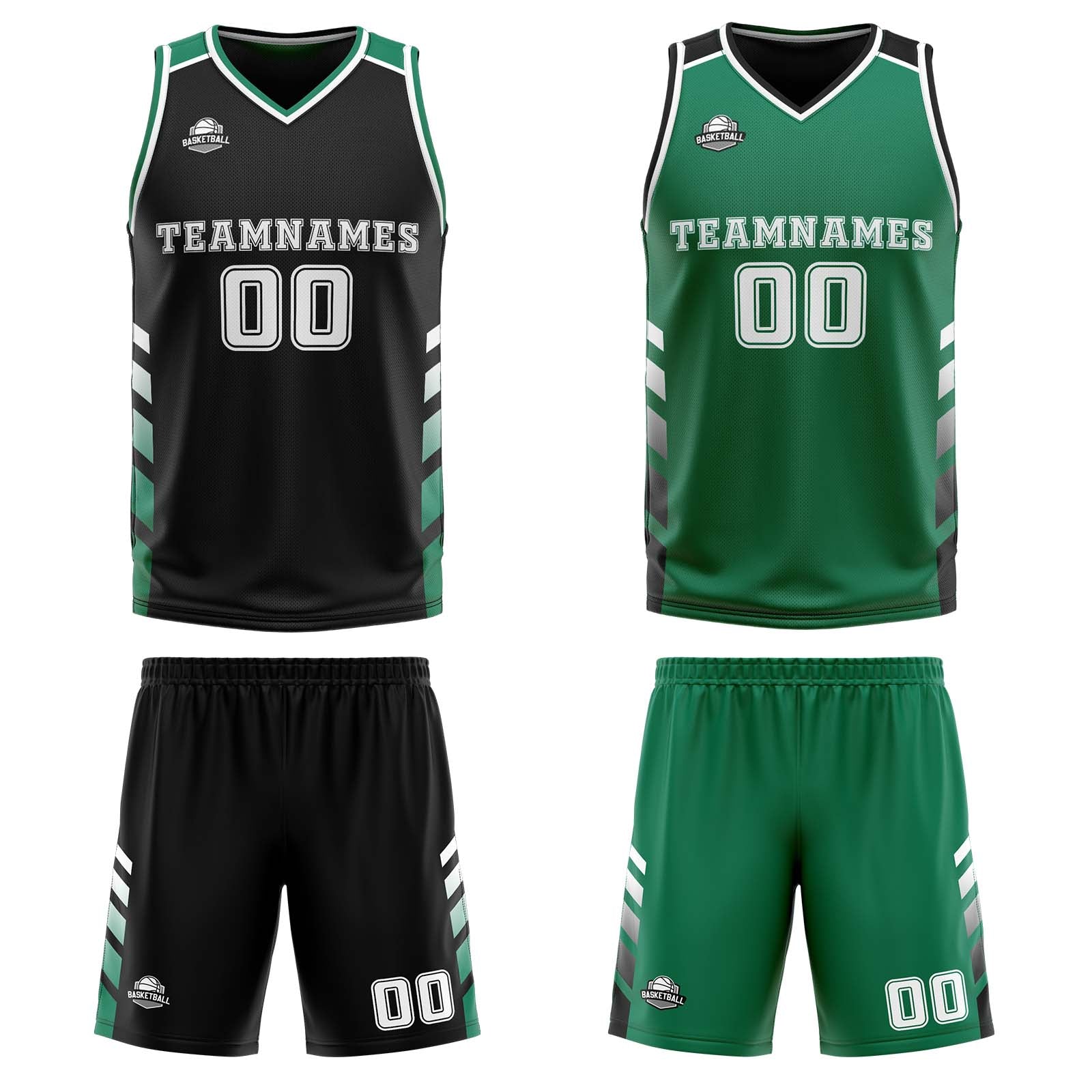 Traje de baloncesto reversible negro-verde y blanco personalizado para adultos y niños