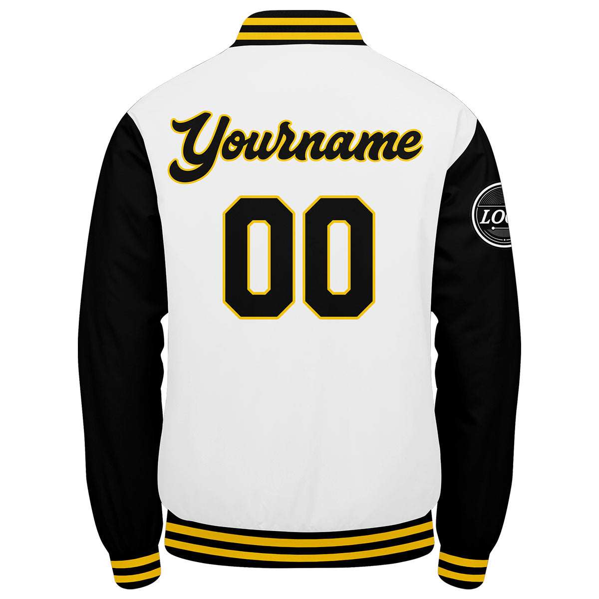Chaqueta universitaria personalizada estilo Letterman para hombres-mujeres y jóvenes en colores negro-blanco y amarillo