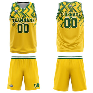 Uniforme de baloncesto personalizado amarillo y verde con tu logotipo-nombre y número impresos