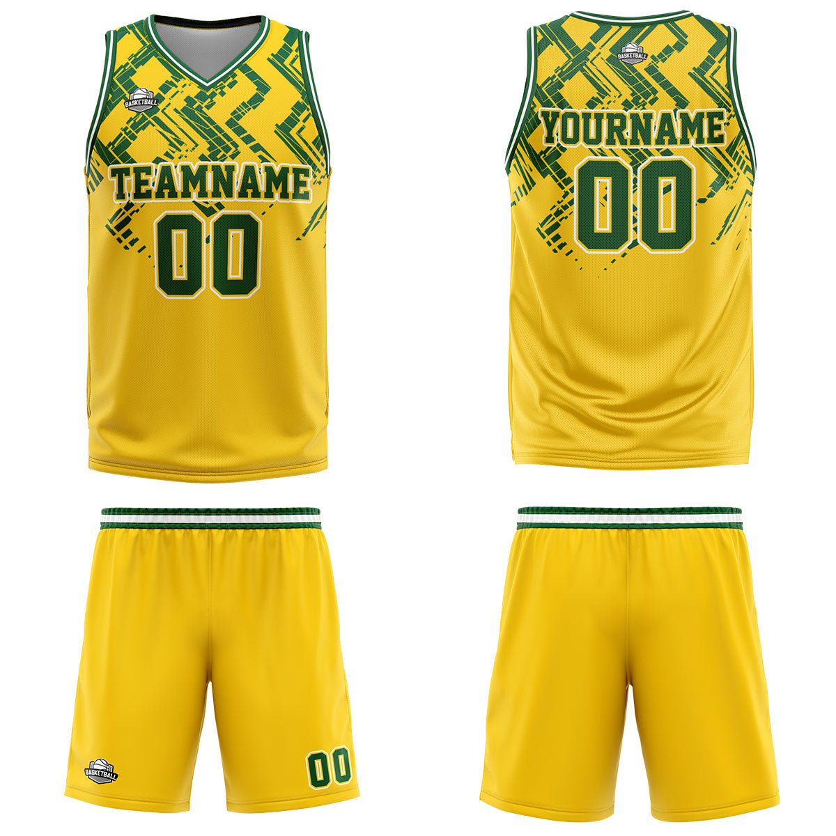 Uniforme de baloncesto personalizado amarillo y verde con tu logotipo-nombre y número impresos