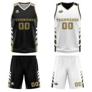 Traje de baloncesto reversible personalizado en negro-blanco y dorado para adultos y niños