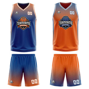 Traje de baloncesto reversible azul-naranja y blanco personalizado para adultos y niños