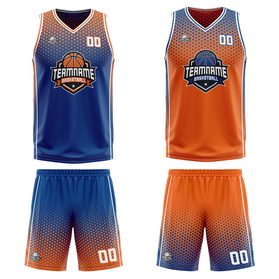 Traje de baloncesto reversible azul-naranja y blanco personalizado para adultos y niños