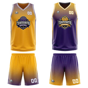 Traje de baloncesto reversible personalizado amarillo-morado y blanco para adultos y niños
