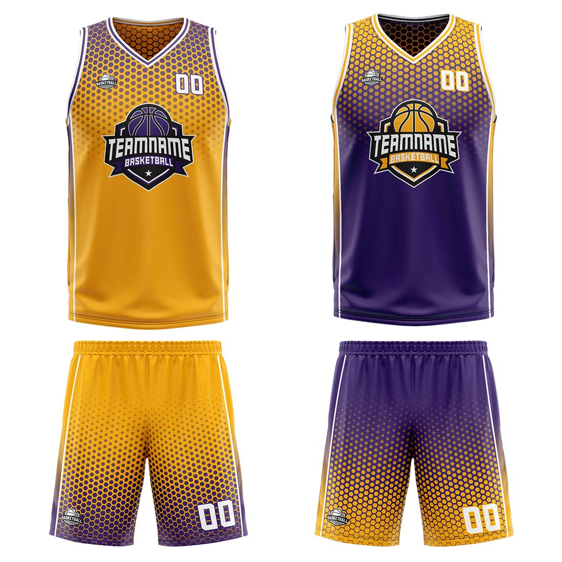 Traje de baloncesto reversible personalizado amarillo-morado y blanco para adultos y niños