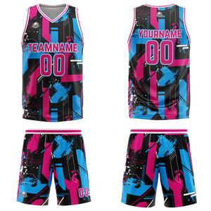 Uniforme de baloncesto rosa y azul claro con diseño geométrico personalizado-estampado con tu logotipo-nombre y número