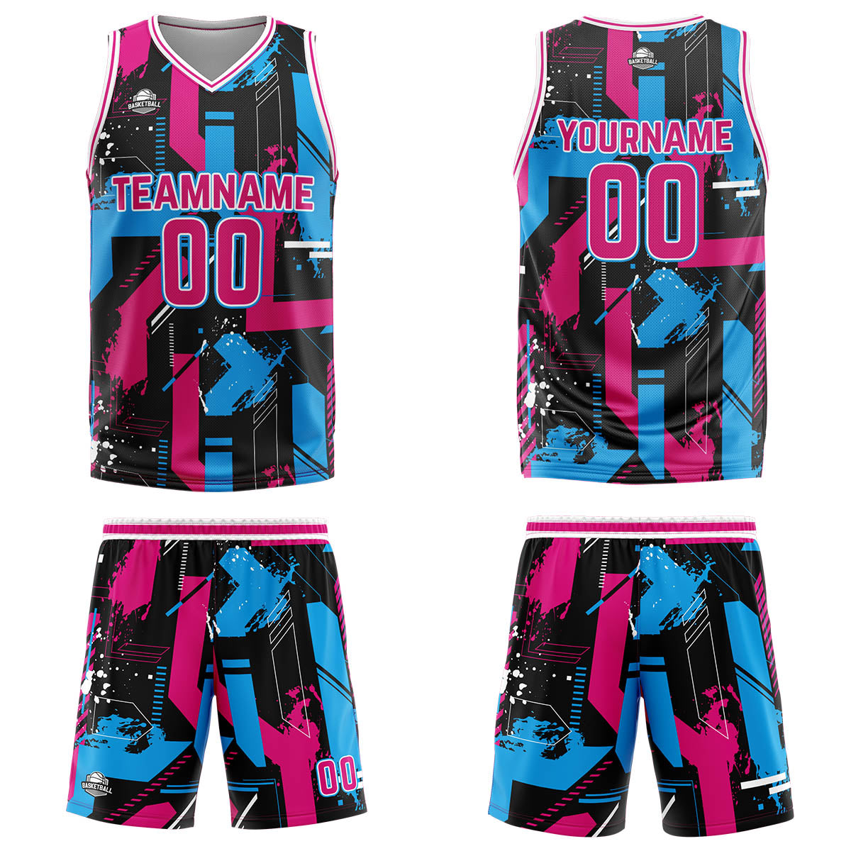 Uniforme de baloncesto rosa y azul claro con diseño geométrico personalizado-estampado con tu logotipo-nombre y número