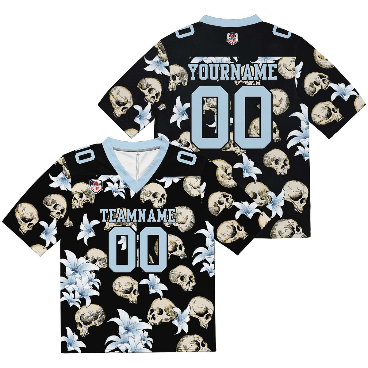 Camiseta de fútbol personalizada con nombre y número del equipo bordados y estampados en forma de calavera -Azul claro