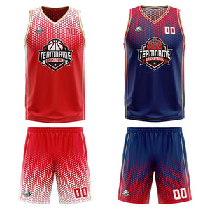 Traje de baloncesto reversible personalizado rojo-azul y dorado para adultos y niños