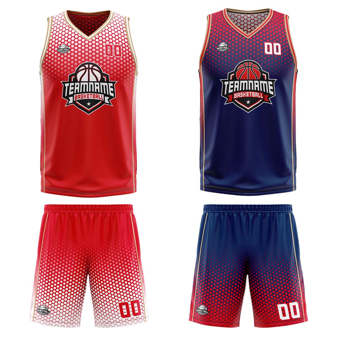 Traje de baloncesto reversible personalizado rojo-azul y dorado para adultos y niños