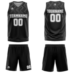 Uniforme de baloncesto personalizado en negro y gris con tu logotipo-nombre y número impresos