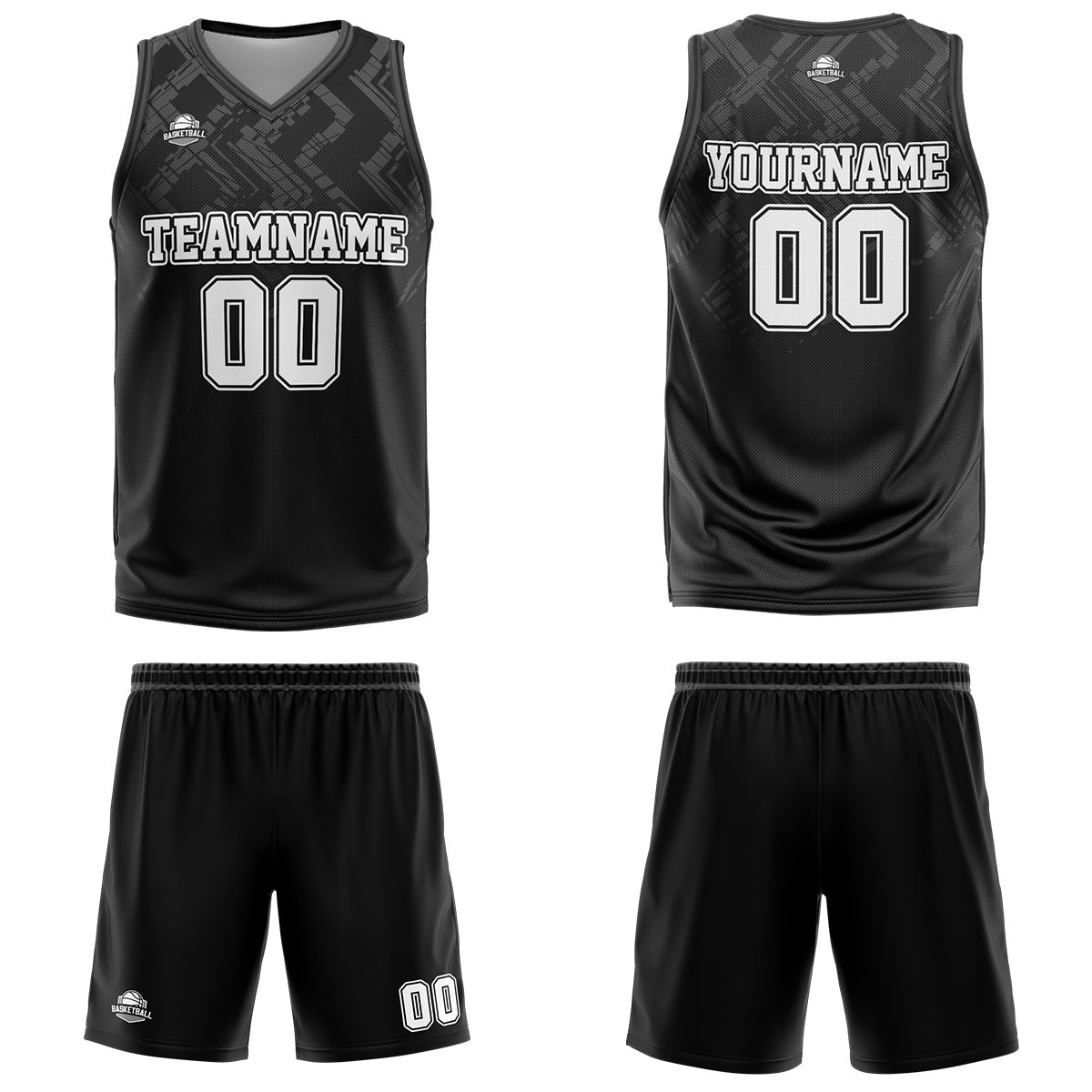 Uniforme de baloncesto personalizado en negro y gris con tu logotipo-nombre y número impresos