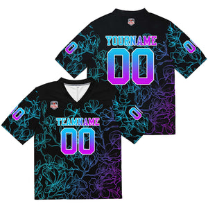 Camiseta de fútbol personalizada con nombre y número del equipo bordados y estampados en rosa y azul degradado