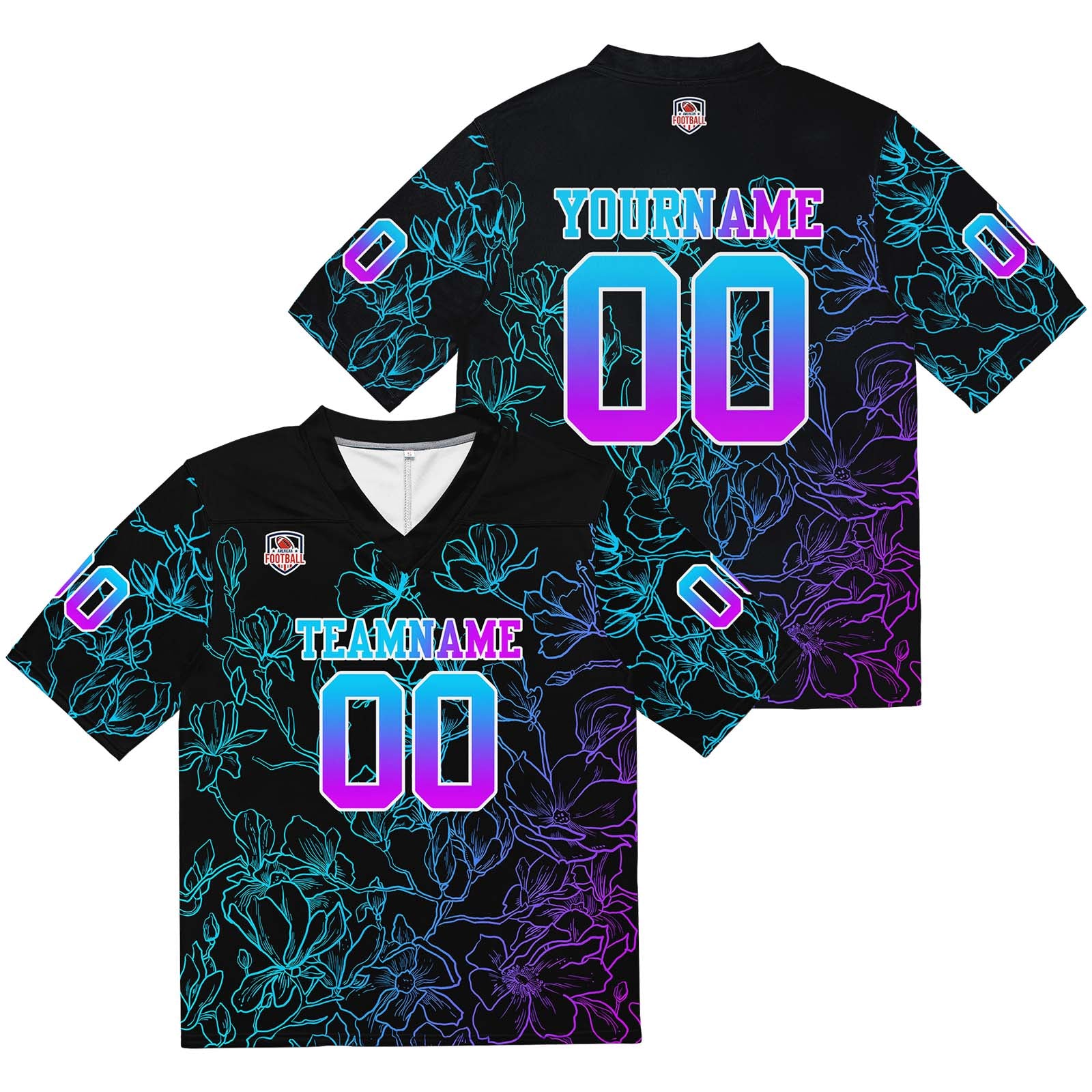Camiseta de fútbol personalizada con nombre y número del equipo bordados y estampados en rosa y azul degradado