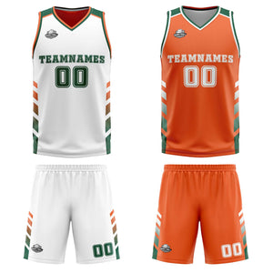Traje de baloncesto reversible personalizado blanco-naranja y verde para adultos y niños
