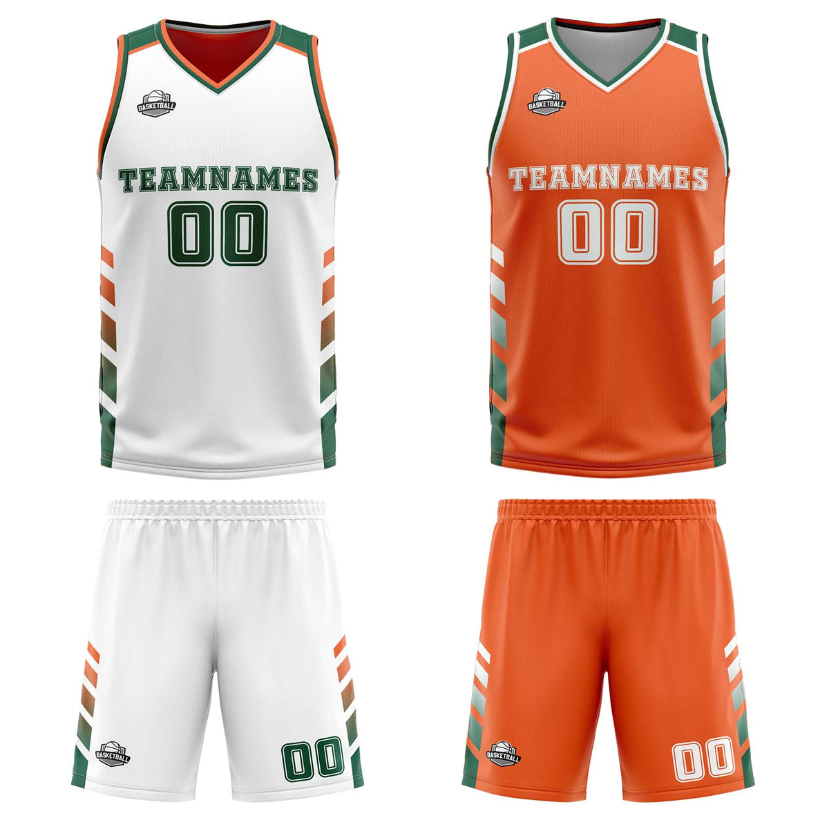 Traje de baloncesto reversible personalizado blanco-naranja y verde para adultos y niños