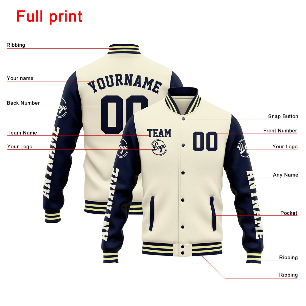 Chaqueta universitaria personalizada estilo Letterman para hombres-mujeres y jóvenes-color crema y azul marino