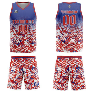 Uniforme de baloncesto personalizado azul-rojo y blanco con tu logotipo-nombre y número impresos