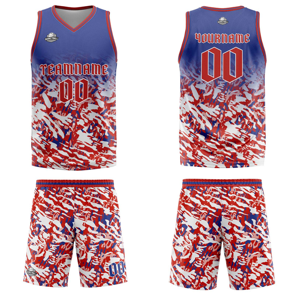 Uniforme de baloncesto personalizado azul-rojo y blanco con tu logotipo-nombre y número impresos