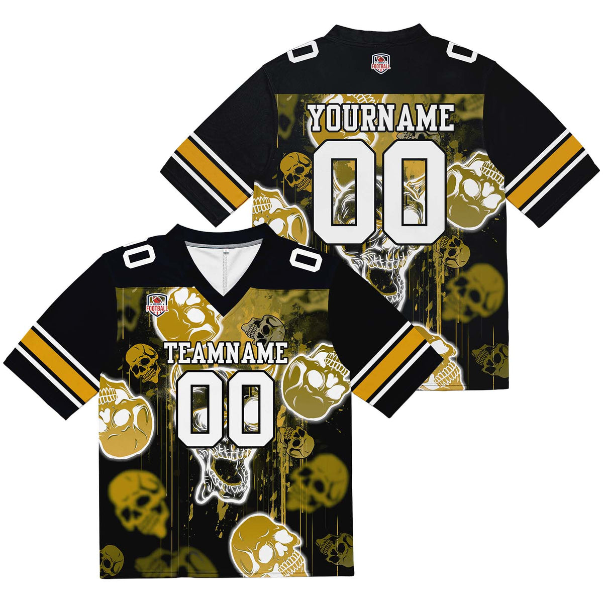 Camiseta de fútbol personalizada con nombre y número del equipo bordados y estampados-estilo grafiti con calavera dorada