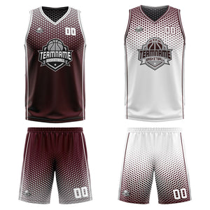 Traje de baloncesto reversible personalizado en burdeos-gris y blanco para adultos y niños
