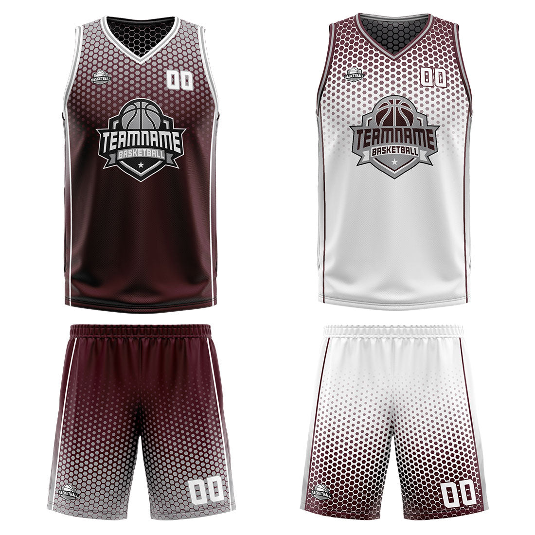 Traje de baloncesto reversible personalizado en burdeos-gris y blanco para adultos y niños