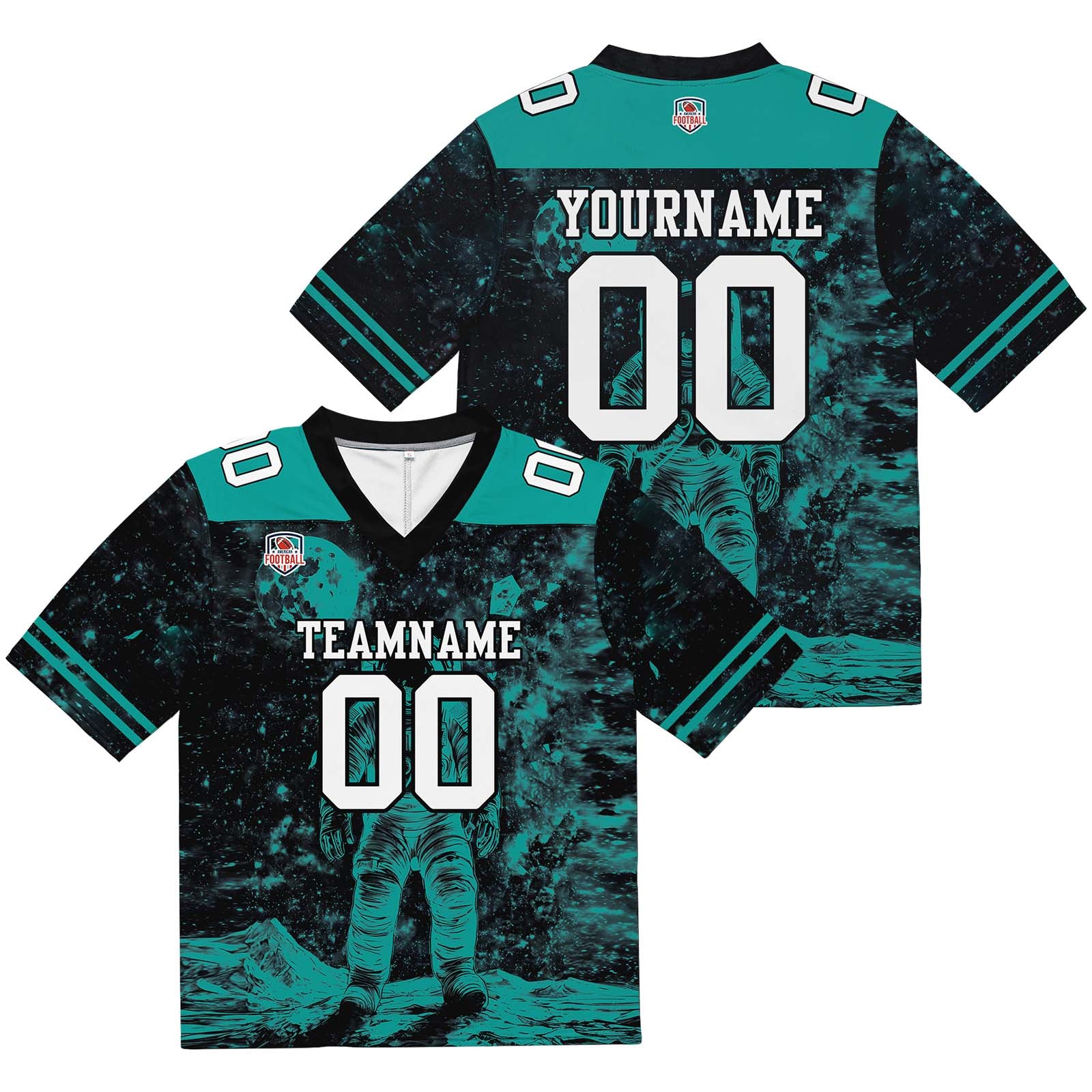 Camiseta de fútbol personalizada con nombre y número del equipo impresos y bordados-color negro y verde azulado
