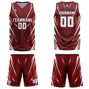 Uniforme de baloncesto personalizado con triángulo rojo oscuro y estampado de tu logotipo-nombre y número