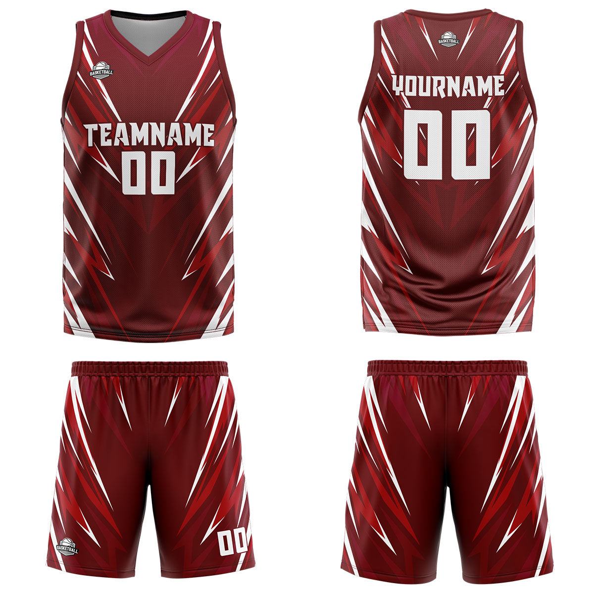Uniforme de baloncesto personalizado con triángulo rojo oscuro y estampado de tu logotipo-nombre y número