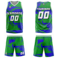Uniforme de baloncesto personalizado verde y azul con tu logotipo-nombre y número impresos