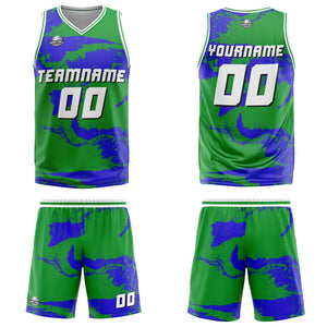 Uniforme de baloncesto personalizado verde y azul con tu logotipo-nombre y número impresos
