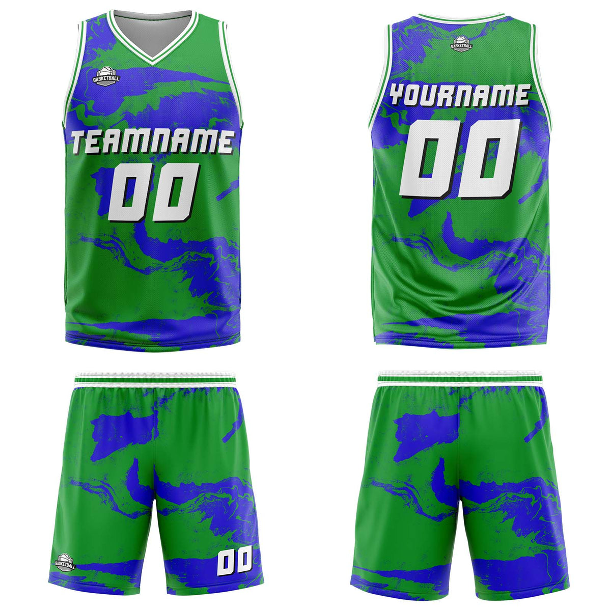 Uniforme de baloncesto personalizado verde y azul con tu logotipo-nombre y número impresos