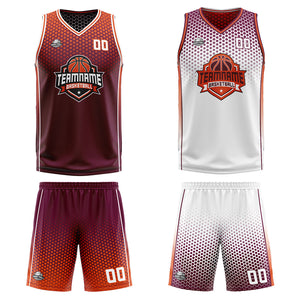 Traje de baloncesto reversible personalizado en color burdeos-naranja y blanco para adultos y niños