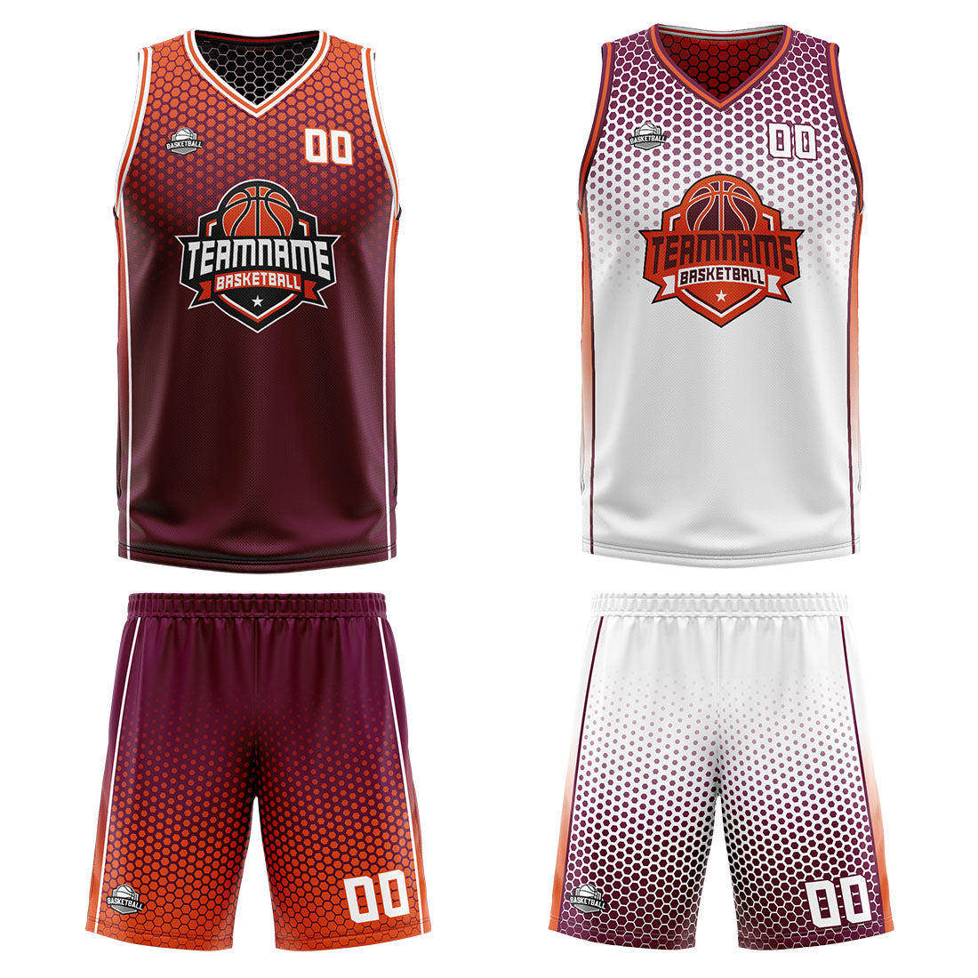 Traje de baloncesto reversible personalizado en color burdeos-naranja y blanco para adultos y niños