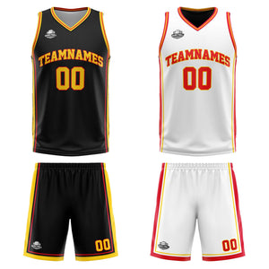 Traje de baloncesto reversible personalizado en negro-blanco-amarillo y rojo para adultos y niños