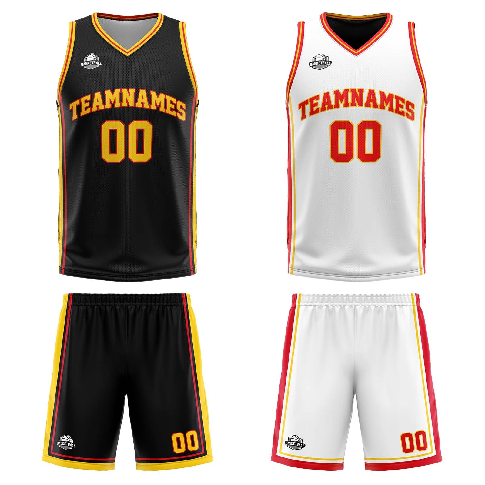 Traje de baloncesto reversible personalizado en negro-blanco-amarillo y rojo para adultos y niños