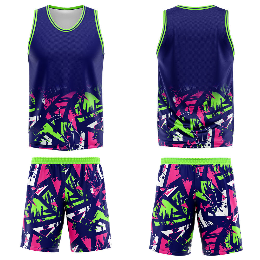 Uniforme de baloncesto personalizado azul marino verde neón con tu logotipo-nombre y número impresos