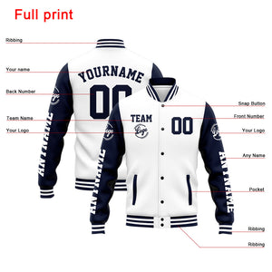 Chaqueta universitaria personalizada estilo Letterman para hombres-mujeres y jóvenes-color azul marino y blanco
